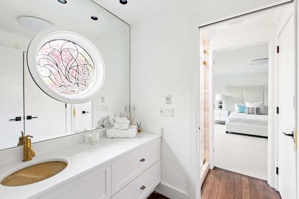 Bathroom, Bedroom, Dual Sink Vanities, Interior, Recessed Lighting, Wood Texture Flooring